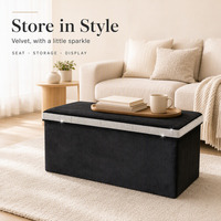 Banc de rangement en velours 76 cm avec garniture en strass étincelants, grande capacité, coffre de rangement pour jouets, idéal pour salon et chambre à coucher