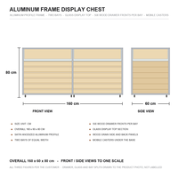Vitrine de présentation en bois avec cadre en aluminium et dessus en verre, sur roulettes, pour magasin de détail, fabrication sur mesure