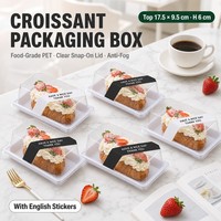 Transparante PET Croissantdoos met deksel, voedselveilig, klikdeksel, bakkerij dessertverpakking, 17,5x9,5x6cm, anti-condens, aangepaste sticker, OEM