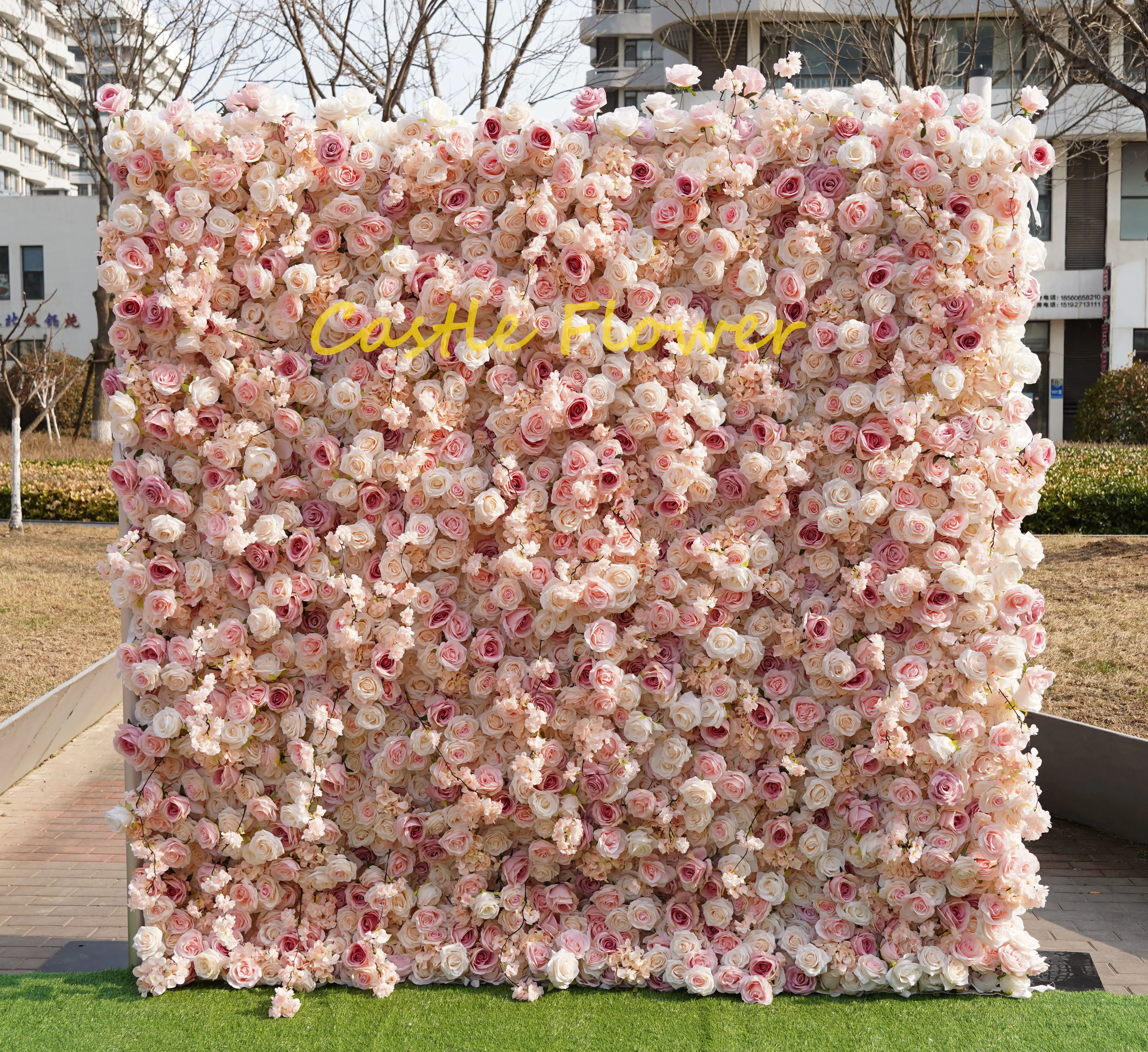 Wedding Stage Floral Wall Backdrop Decor High Quality Pink Rose Flower Wall Curtain Mat Roll Up Cloth Fabric Silk Flower Wall