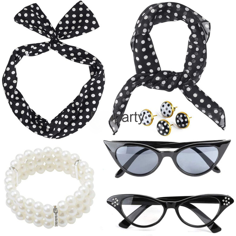 HEAWAA – Lot De 6 Accessoires Années 50 Pour Femme – Bandeau à Pois, Gants, Foulard, Lunettes Et Boucles D'oreilles – Style Rockabilly