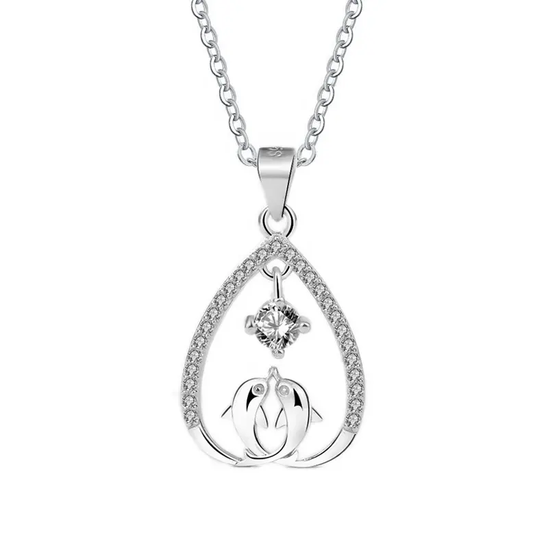 DDC38 Frauen Romantische Liebe 925 Sterling Silber iewellery Double Dolphins Kissing Loved Heart Fisch Tier Schmuck