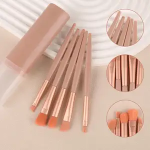 Pink 5Pcs Eyeshadow Makeup Brush Set Premium Travel Portable Angled Eye Eyeliner Brushes Kit With Plastic Case