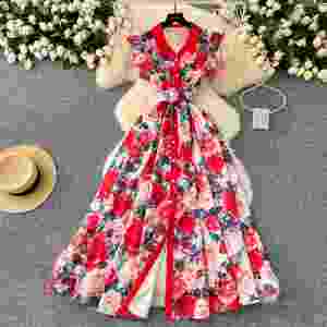 Elegante Vestido Midi Casual con Cuello Camisero para Mujer, Manga Mariposa, Estampado de Encaje, Amarillo - Product Image 1