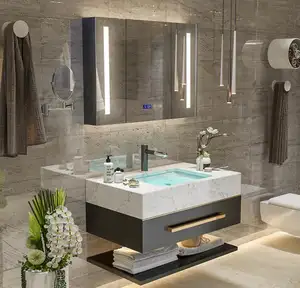 Mueble de baño de madera maciza de estilo americano, mueble de baño de Color negro y mármol, envío rápido