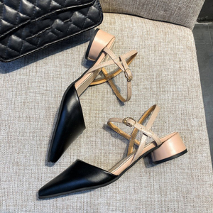 XYM <b>Sandals</b> for Women Low-heel Tip Fairy Style Simplicity Leather Face Solid Color Buckle Simple Low-fronted Outerwear - Product Image 4