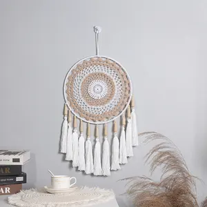 Macrame de arco e flecha para decoração de paredes, anel de ferro concêntrico de 30 cm, algodão, lã, poliéster e borla, decoração para casamento