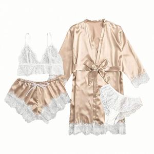 Nightgown Wholesale Pajamas Four Pieces Breathable Lace Satin Elastic Waist Robe Home Wear <b>Silk</b> Sexy Women Night Dress Sleepwear - Product Image 4