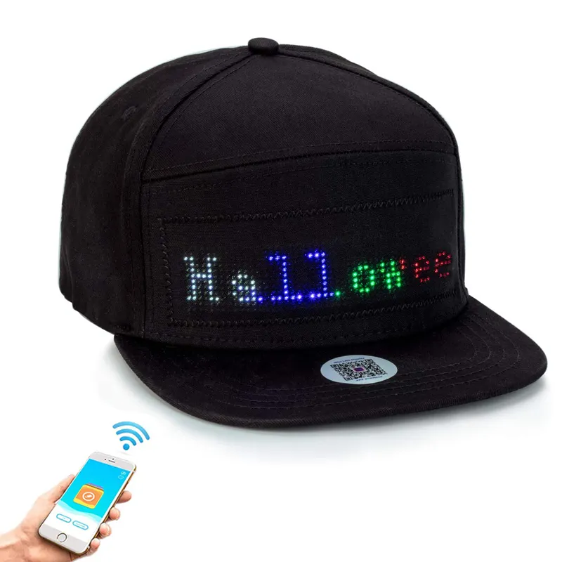 Topi Led uniseks, topi ponsel LED Digital uniseks, topi pelindung LED papan tampilan pesan gulir kontrol aplikasi ponsel