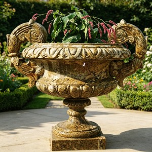 Urne de jardin en marbre noir sculpté de style européen avec doubles poignées, grande urne vintage sculptée de style romain pour aménagement extérieur de villa - Product Image 4