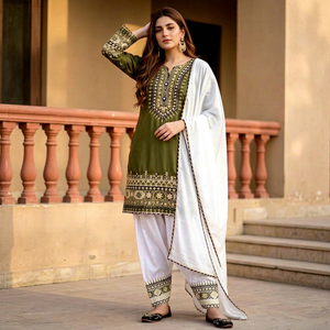 Traje Kurta Salwar Bordado Verde Oliva para Mujer con Dupatta Blanca, Conjunto Étnico Tradicional Pakistaní - Product Image 1