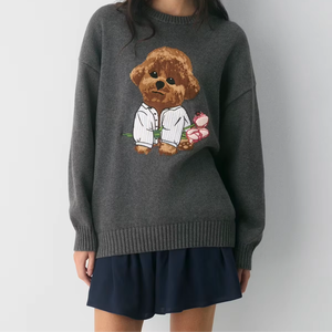 Pull en tricot personnalisé surdimensionné à imprimé chien pour femme, en coton biologique doux pour la peau et cachemire, col rond, épaules tombantes - Product Image 1