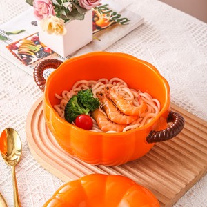Stoviglie in porcellana Fine ciotola a forma di zucca in ceramica in stile giapponese ciotola per zuppa di arancia da forno binaurale con coperchio - Product Image 2