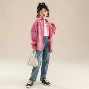 Cardigan grande menina rosa primavera 2023, xadrez manga comprida, camisa 5-15 anos