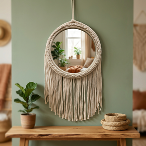 Basantpriya Handmade <b>Lightweight</b> Round Framed Wall <b>Mirror</b> Rattan Fringe Bohemian Raffia Hanging Electricity-Free Home Decor - Product Image 2