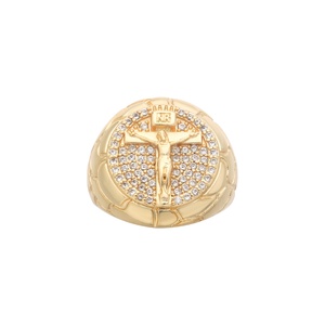 Anello da Uomo Personalizzabile in Ottone Placcato Oro 14K, Stile Hip Hop con Croce e Zirconi, Crocifisso di Gesù, Impermeabile - Product Image 1