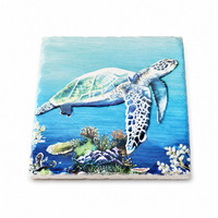 Sous-verre en céramique imprimé en 3D, absorbant, à bords biseautés, avec support en liège, personnalisé, souvenir tortue de mer du Portugal ou décoration de table