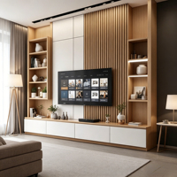 Mueble de TV Flotante con Almacenamiento Integrado, Diseño con Acabado de Madera Natural, Decoración de Pared Personalizada para Sala de Estar