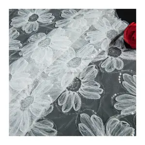 Modern Style Multi Color Supply Net Tulle Fabric Sunflower Bead Embroidered Wedding Dress Fabric