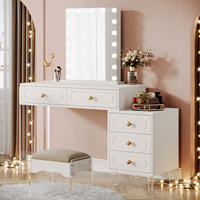 Bureau en bois extensible avec miroir éclairé à 5 tiroirs, base en acrylique, pieds modernes, coiffeuse avec éclairage LED