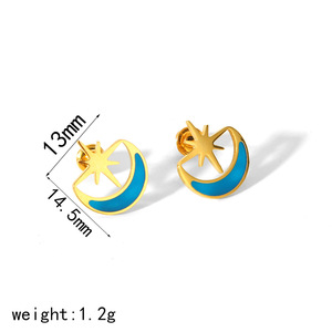 Star And Moon <b>Stud</b> Earrings 18k Gold Plated <b>Titanium</b> Steel Geometric Design For Women Gift Jewelry TE6853 BL - Product Image 5