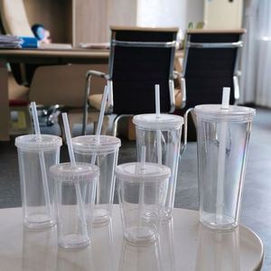 Venta al por mayor de vasos de plástico acrílico transparente de doble pared sin BPA de 12oz, 16oz, 22oz, 24oz para jugo, agua, té y café con pajita y tapas - Product Image 2