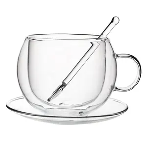 Tasse à café en verre borosilicaté transparent à double paroi isolée en verre borosilicaté résistant à la chaleur et au froid avec logo personnalisé avec poignée