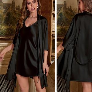 Conjunto de <span class=keywords><strong>pijama</strong></span> de satén de dos piezas de <span class=keywords><strong>verano</strong></span> para <span class=keywords><strong>mujer</strong></span>, cierre de cintura elástica, patrón sólido, camisón fino para el hogar con cabestrillo para <span class=keywords><strong>Amazon</strong></span> - Product Image 3