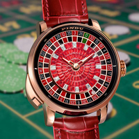 Montre mécanique automatique OEM ODM Roulette avec cadran rotatif de casino, cristaux baguette rouges, logo personnalisé, bracelet en acier inoxydable et cuir