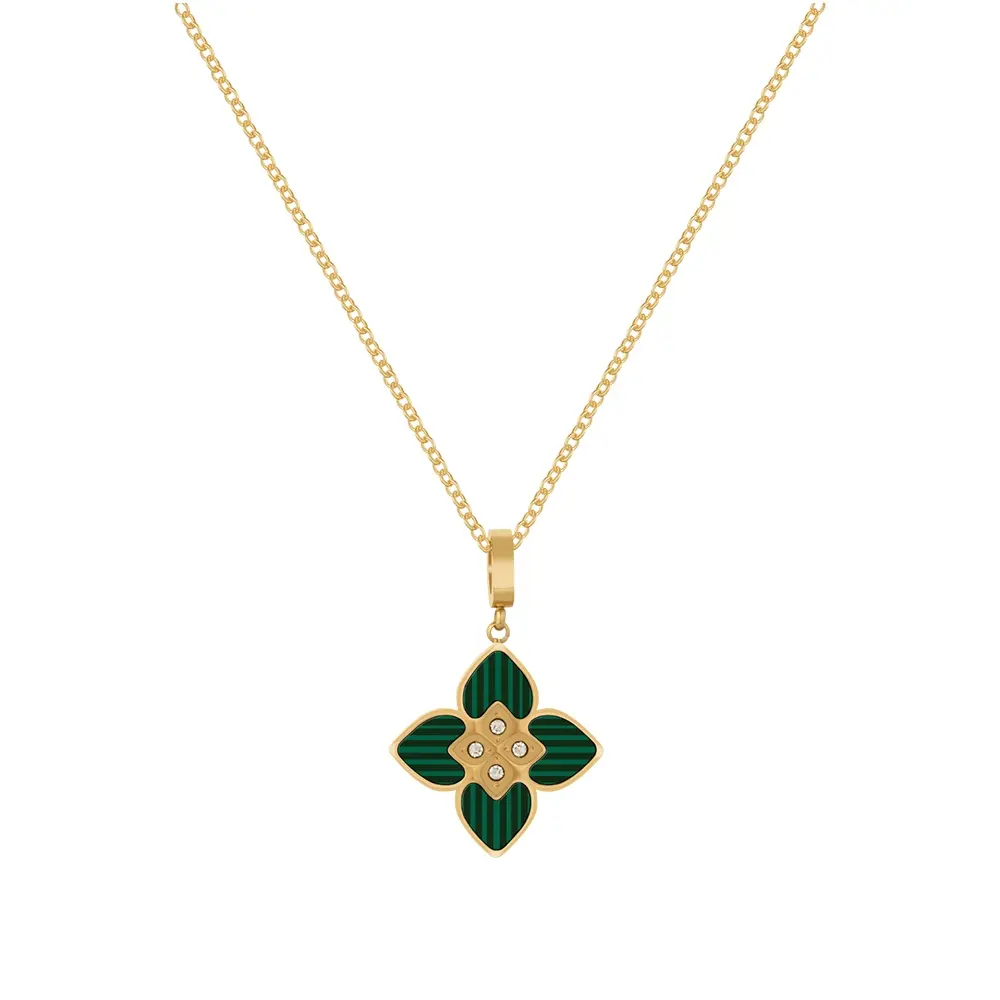 Latest 18K Gold Plated Stainless Steel Jewelry Green Stone Four Leaf Clover Zircon Pendant For Women Gift Necklaces P233366