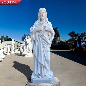 YOUFINE Statue de Jésus en marbre blanc sculptée à la main, pose Divine Miséricorde avec rayons de cœur, pour église et jardin - Product Image 3