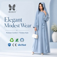 Robe Abaya Musulmane Bleu Clair pour Femmes, Robe Longue Modeste à Manches Longues avec Ensemble Hijab, Logo Personnalisé, Vente en Gros