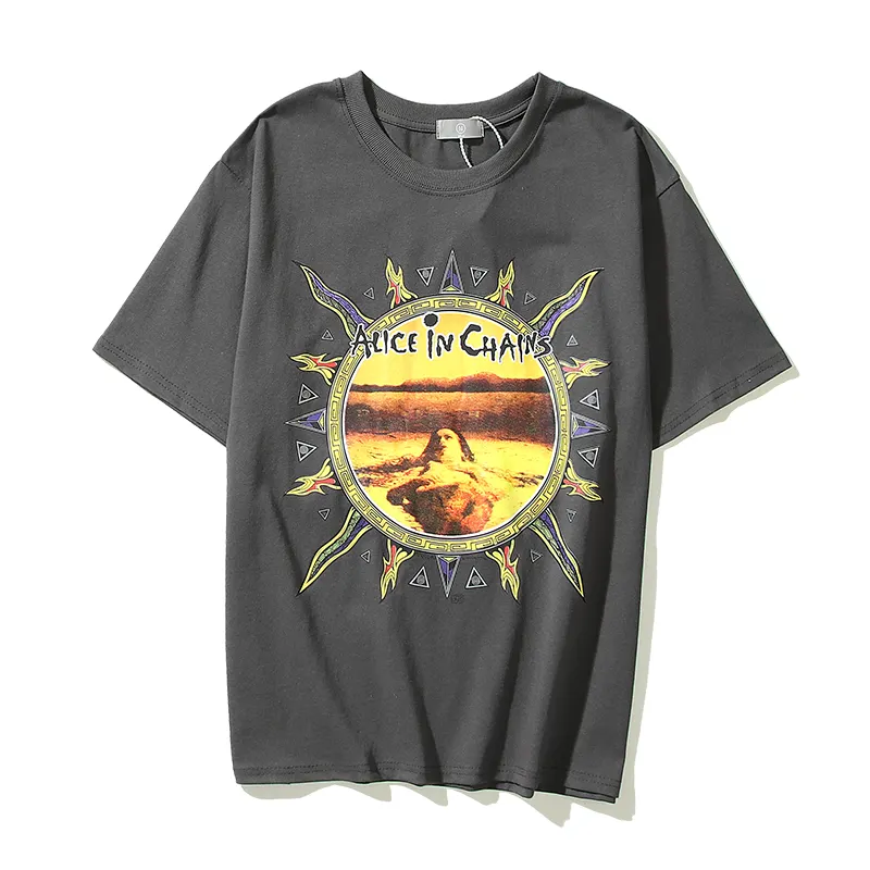 OEM feito sob encomenda preto cinza Americano teste padrão do sol do vintage tecido T-shirt de manga curta do vintage
