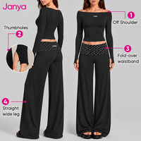 Ensemble de yoga Janya pour femme : pantalon large à taille pliante, haut court à manches longues, à pois, extensible dans les quatre sens, léger, pour la gym et le fitness