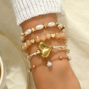 Cross-border European and American Bohemian style heart-shaped faux pearl beaded star <b>bracelet</b> <b>set</b>, multi-layered woven jewelry - Product Image 1