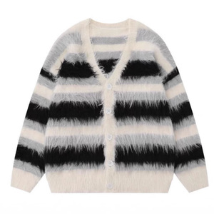 Women's Striped Mink Fur Knitted <b>Cardigan</b> Loose Fit Single Breasted Vintage Style Autumn Winter Sweater Coat - Product Image 2