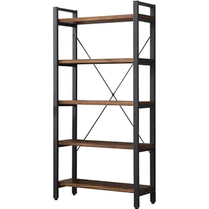 5 Tier Solid Wood Bookshelf Rustic Vintage Industrial Bookcase, Metal and Wood Free Vintage Bookshelf