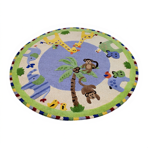 Tapis rond en acrylique tufté à la main, motif animaux de la jungle fantaisie, mignon singe et éléphant de dessin animé, tapis de jeu pour chambre d'enfant - Product Image 1