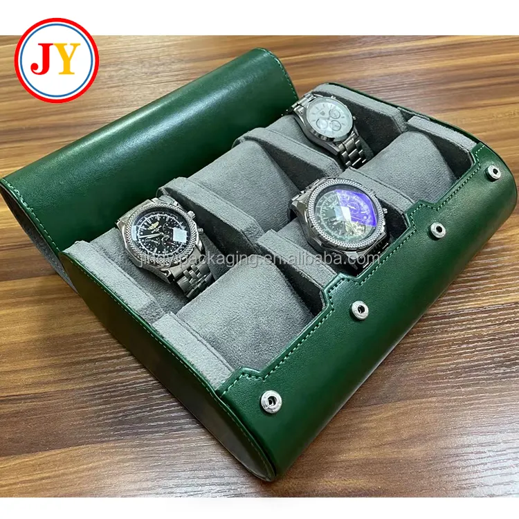 Kotak jam tangan perjalanan hijau 6 rol kotak jam tangan untuk pria penyimpanan jam tangan kulit mewah portabel Organizer gulungan