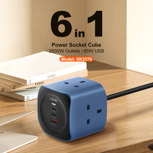 LDNIO SK3370 6 in 1 Power Socket Cube with 65W PD USB Charging Ports New Power Strip UK Extension Plug Socket