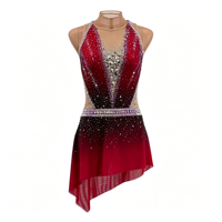 Robe de patinage artistique sans manches à col halter, dégradé rouge et noir, avec strass et maille, pour compétition et performance (adultes et enfants)