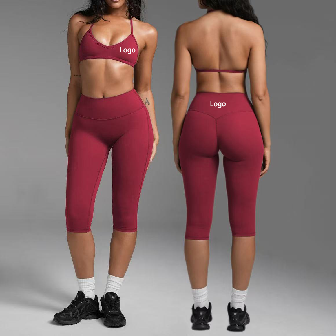Custom LOGO Women's Push up 2-piece Yoga Sets High Waist Tight Fit Capri Pants Beauty Back Adjustable Sports Bra Gym Fitness Set