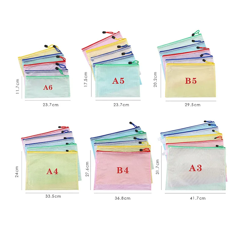اللوازم المكتبية pvc A3/A4/A5/A6/B4/B5 كيس مستندات بسحاب شبكي مقاوم للماء