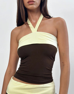 Conjunto de Top Corto Halter con Bloques de Color para Mujer, Sin Mangas, Tejido de Punto, Spandex, Nailon, Estilo Y2K, Ropa Deportiva de Primavera/Verano - Product Image 1