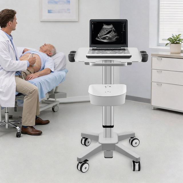 Factory Price Height Adjustable Aluminum Alloy Medical Laptop Cart with Square Lifting Column and Probe Holders