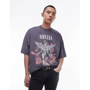 2024 News Custom Logo extreme oversized fit t-shirt with Nirvana angel print in washed black