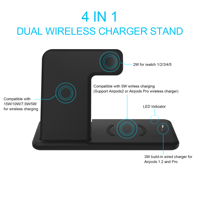 Chargeur sans fil double 4 en 1, support de charge rapide 15W 10W 7.5W 5W pour iPhone/iWatch/AirPods, compatible avec les écouteurs