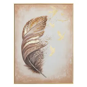 100% Hand-painted Brown Canvas Simple Nature Art Large Size Gold Foil handmade abstract acrylic decorative feather oil painting