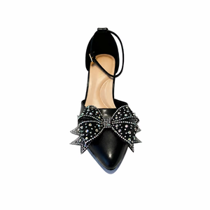 Women Genuine Leather Pointed Toe <b>Mary</b> <b>Jane</b> Pumps With Bowknot Ankle Strap Kitten Heel <b>Black</b> Red White - Product Image 3