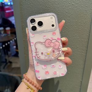 Cartoon KT cat bow holder Mobile Phone case for iPhone 17 Air 16 15 Pro Max Transparent Bracket Cute Printing Stand back Cover - Product Image 3